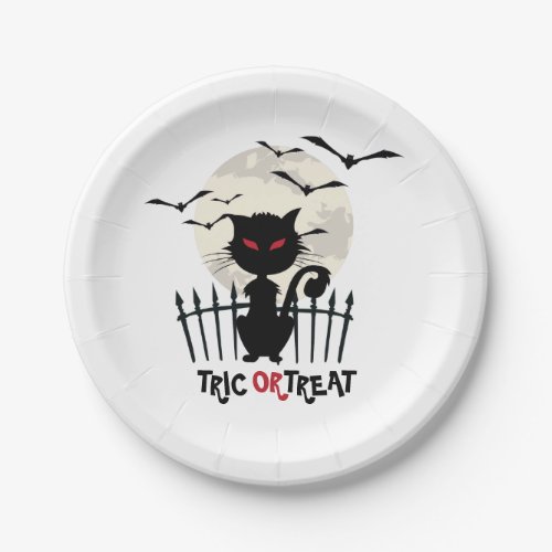 Trick Or Treat Scary Cat With Flying Bats Paper Plates