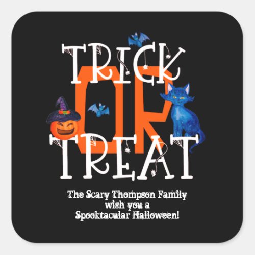 Trick or Treat Script Halloween Party Name Black Square Sticker