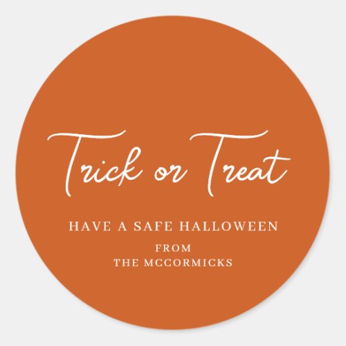 Trick or Treat Script Orange Halloween Favor Name Classic Round Sticker