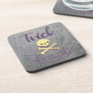 Trick or treat skull crossbones Halloween ribbon Beverage Coaster