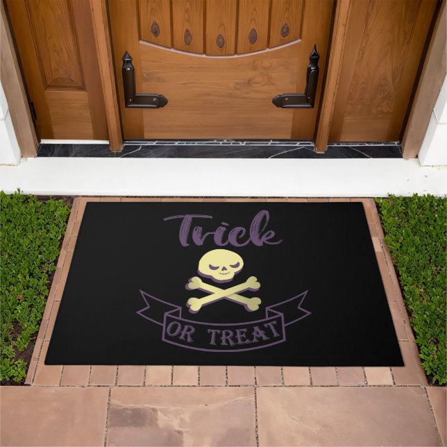 Trick or treat skull crossbones Halloween ribbon Doormat (Outdoor)