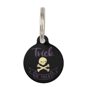 Trick or treat skull crossbones Halloween ribbon Pet ID Tag