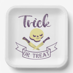 Trick or treat skull crossbones Halloween ribbon T Paper Plates