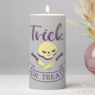 Trick or treat skull crossbones Halloween ribbon T Pillar Candle
