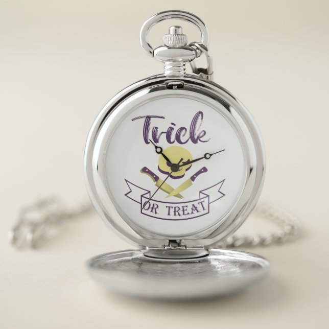 Trick or treat skull crossbones Halloween ribbon T Pocket Watch (Inside)