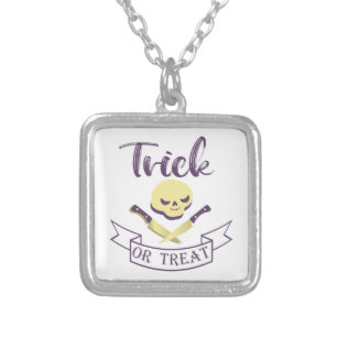 Trick or treat skull crossbones Halloween ribbon T Silver Plated Necklace