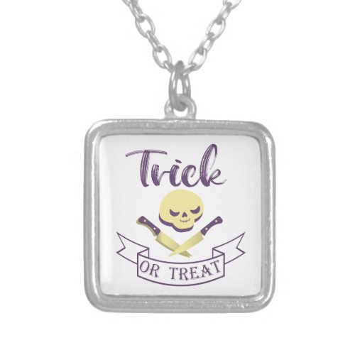 Trick or treat skull crossbones Halloween ribbon T Silver Plated Necklace