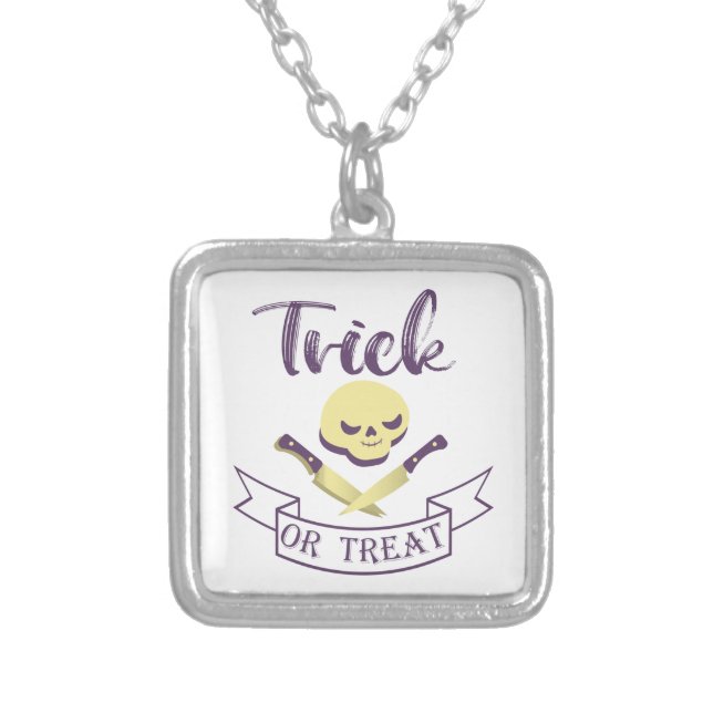 Trick or treat skull crossbones Halloween ribbon T Silver Plated Necklace (Front)