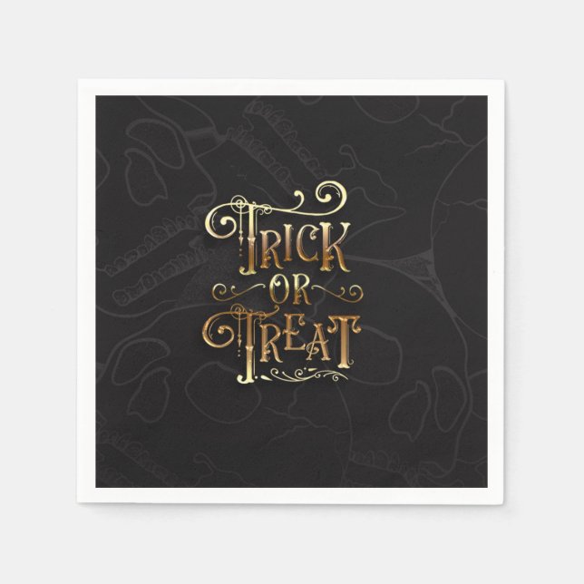 Trick or Treat Skulls Black & Gold Halloween Party Napkins (Front)