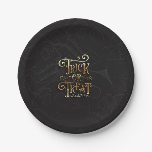 Trick or Treat Skulls Black  Gold Halloween Party Paper Plates