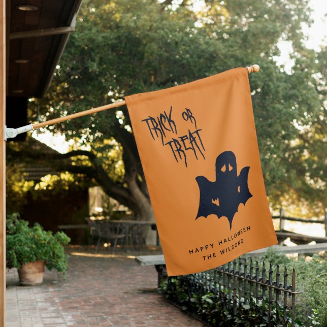 Trick or Treat - Spooky Ghost Orange Halloween  House Flag (In SItu)