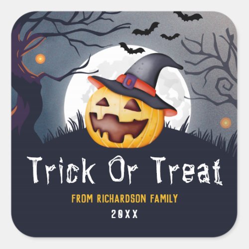 Trick Or Treat Spooky Jack OLantern Custom Name Square Sticker
