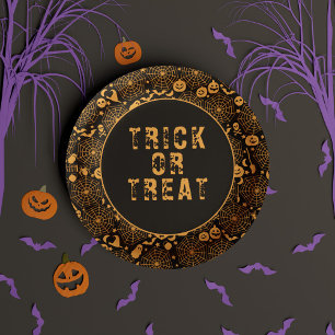 Trick or Treat Spooky Orange and Black Halloween Paper Plates