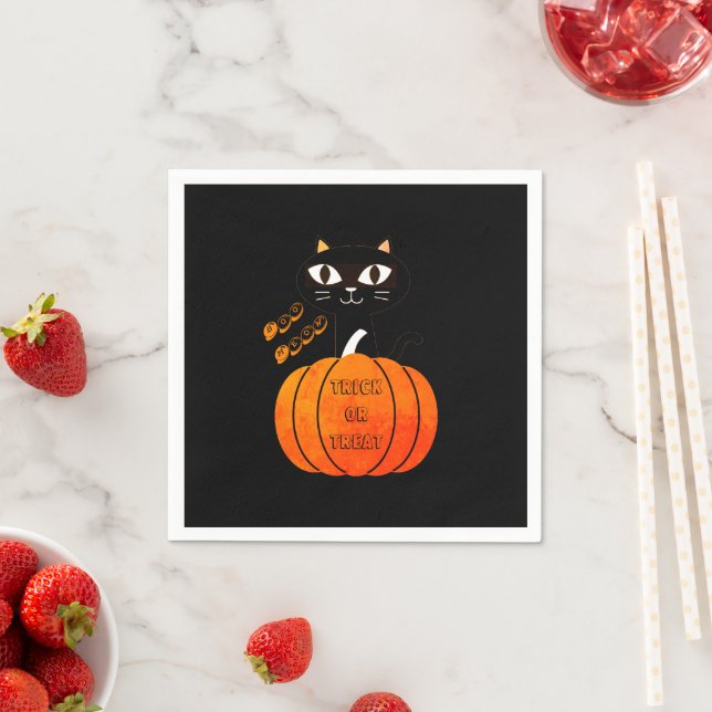 Trick or Treat Spooky Orange Black Cat Halloween Napkins (Insitu)