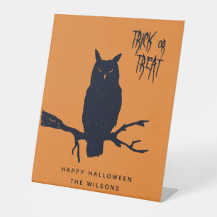 Trick or Treat - Spooky Owl - Orange Halloween Pedestal Sign