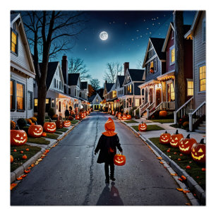 Trick or Treat Street - Whimsical Halloween Night Poster