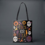 Trick or Treat Stylish Halloween Pattern Design Tote Bag<br><div class="desc">Trick or Treat? our cute and stylish halloween theme doormat design is perfect for trick or treating on Halloween Night . The design features our own hand-drawn flowers, skulls, bats, witch hat and cat designed around to create a fun halloween pattern with "Trick or Treat" typography displayed in the middle...</div>