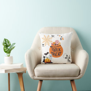 Trick or Treat Super Cute White Halloween Throw Pillow