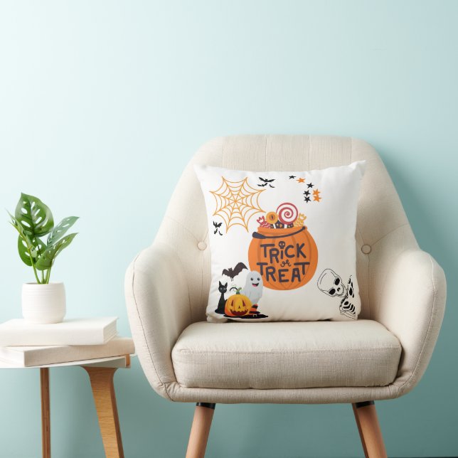Trick or Treat Super Cute White Halloween Throw Pillow (Chair)