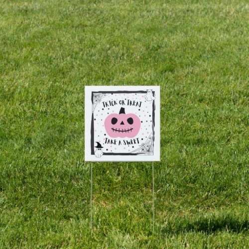 Trick or treat take a sweet pink halloween pumpkin sign