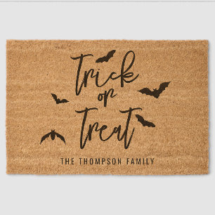 Trick Or Treat Text With Black Bats Halloween Fiber Doormat