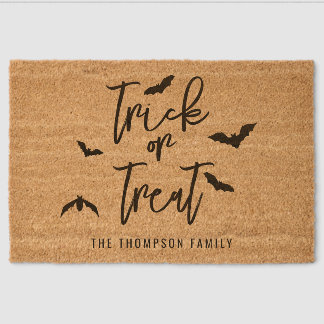 Trick Or Treat Text With Black Bats Halloween Fiber Doormat