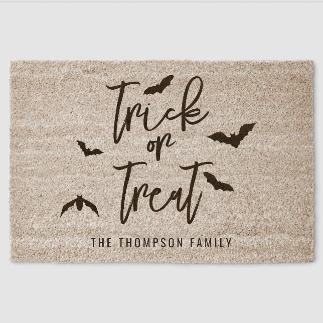 Trick Or Treat Text With Black Bats Halloween Fiber Doormat (Front)