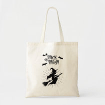 trick or treat the flying witch halloween tote bag