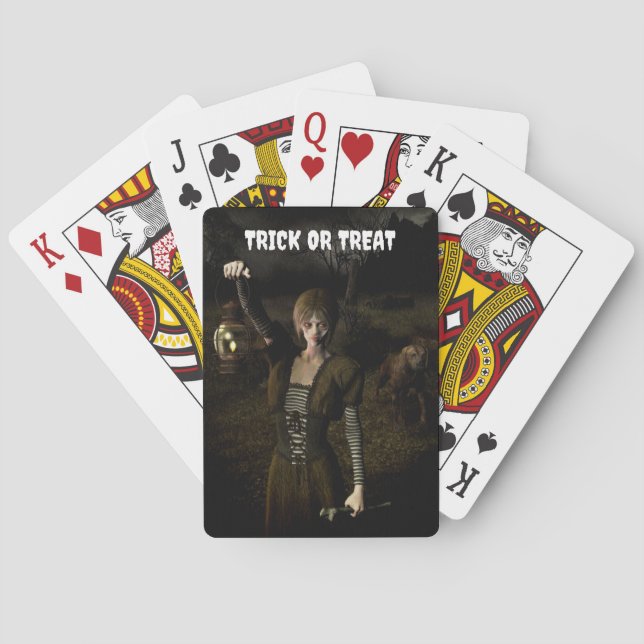Trick or Treat. Thin female carrying lamp Poker Cards (Back)