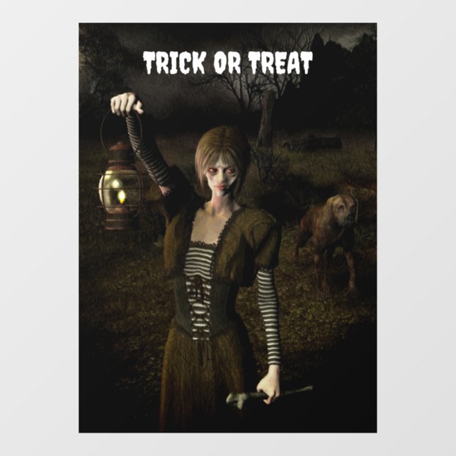 Trick or Treat. Thin female carrying lamp Window Cling (Sheet)