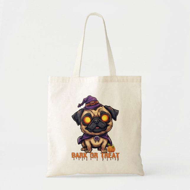 “Trick or Treat Tote Bag – Cute Halloween Pug . (Front)