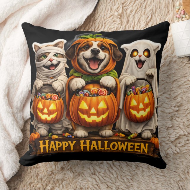 Trick or treat trio whimsical happy Halloween deco Throw Pillow (Blanket)