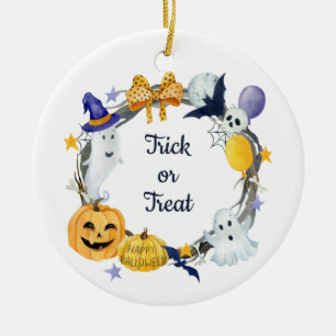 Trick or Treat Watercolor Pumpkin & Ghosts Wreath Ceramic Ornament