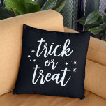Trick or Treat White Modern Script Halloween Throw Pillow<br><div class="desc">Celebrate Halloween in style with this "trick or treat" throw pillow featuring modern white script lettering and star accents on a black background.</div>