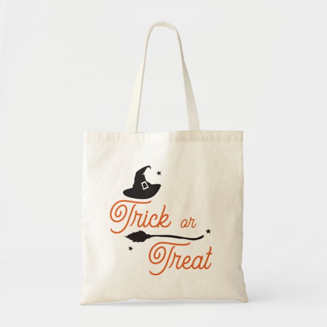 Trick or Treat, Wicked Witch Hat, Broom, Halloween Tote Bag (Front)