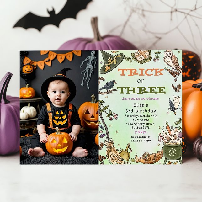 Trick Or Treat Witch Halloween 3rd Birthday Photo Invitation (Creator Uploaded)
