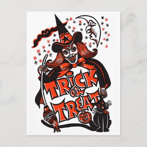 Trick or Treat Witch Halloween vintage Postcard