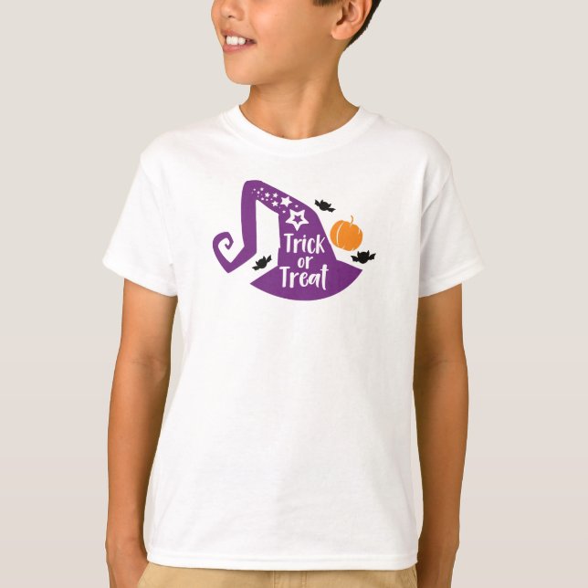 Trick Or Treat, Witch Hat, Bats, Stars, Halloween T-Shirt (Front)