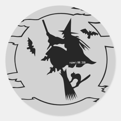 Trick or Treat Witch on Broom w Bats  Black Cat Classic Round Sticker