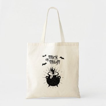 trick or treat witch's cauldron halloween tote bag
