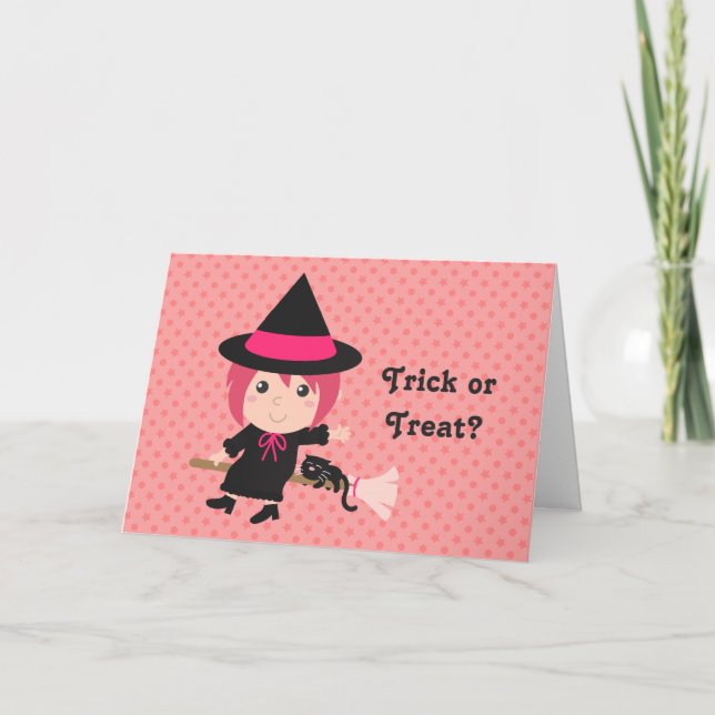 Trick or Treat with Happy Girl Witch for Halloween Card (Front)