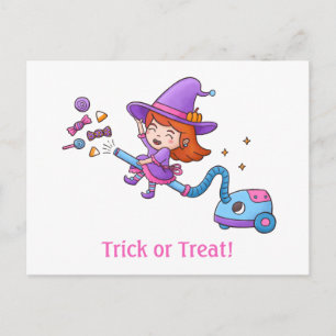 Trick or Treat with Little Witch on Vacuum Cleaner Postcard