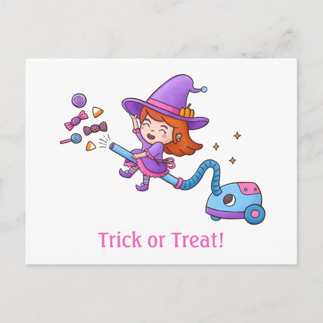 Trick or Treat with Little Witch on Vacuum Cleaner Postcard (Front)