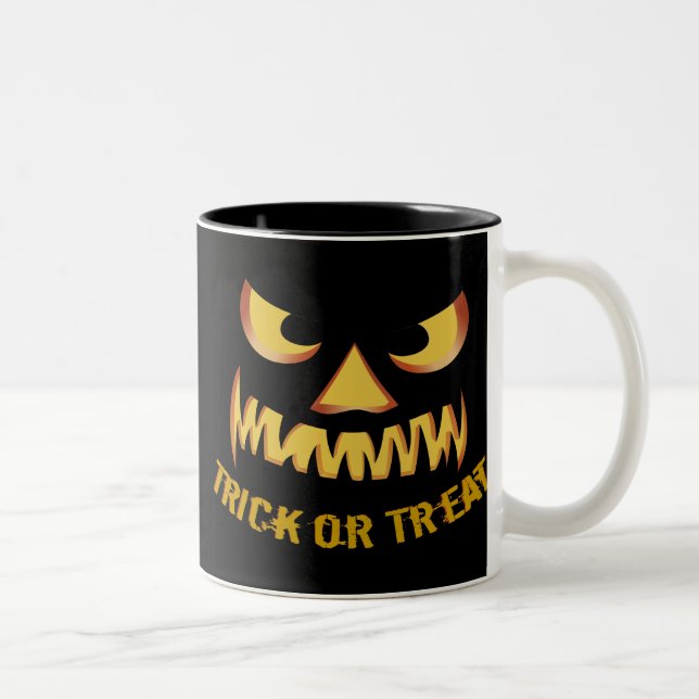 Trick or Treat with Pumpkin Face Two-Tone Coffee Mug (Right)