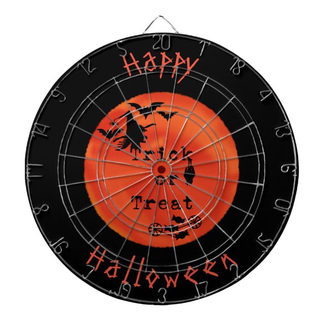 Trick or Treat with Witch & Bats on Orange Moon Dart Board (Front)