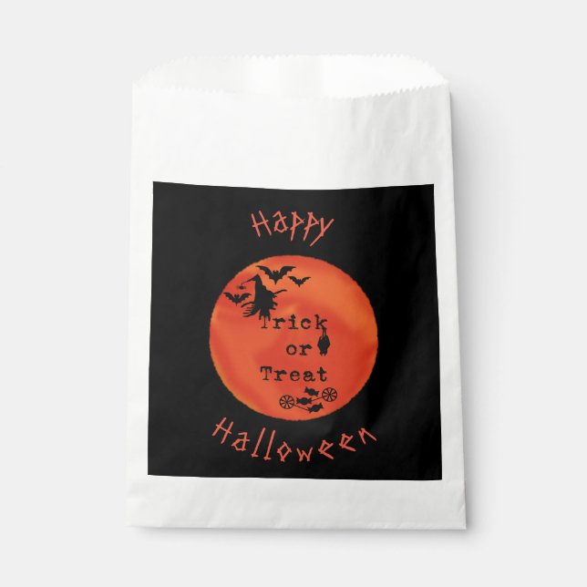 Trick or Treat with Witch & Bats on Orange Moon Favor Bag (Front)