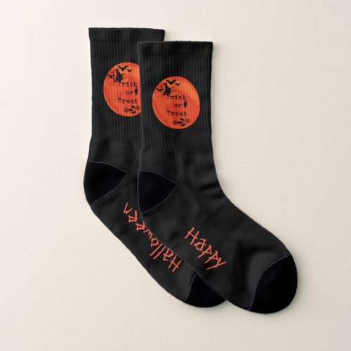 Trick or Treat with Witch  Bats on Orange Moon Socks