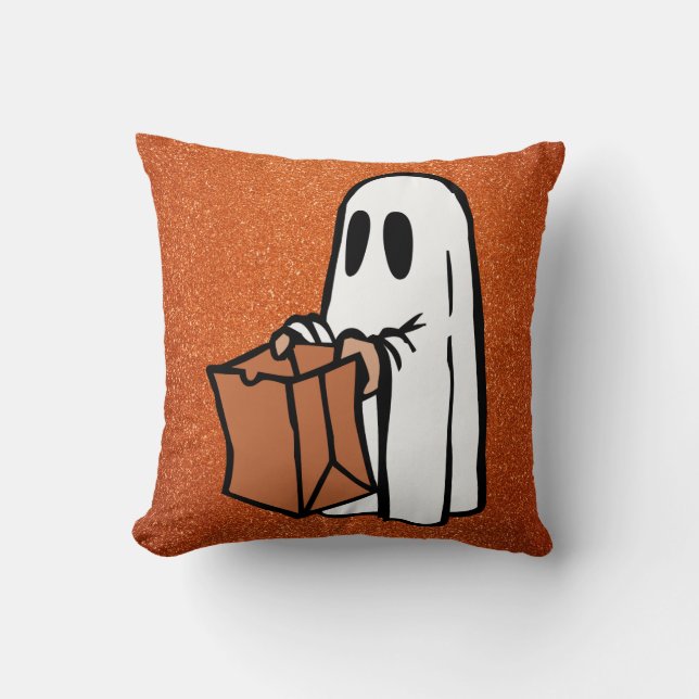 Trick or Treating Ghost Orange Faux Glitter Throw Pillow (Front)