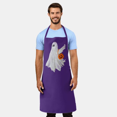 Trick Or Treating Ghost With Pumpkin Candy Bucket Apron