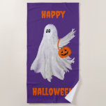 Trick Or Treating Ghost With Pumpkin Candy Bucket Beach Towel<br><div class="desc">Beach Style Large Towel with customizable text template Happy Halloween and printed with a Trick Or Treating Ghost With Pumpkin Candy Bucket original animated graphic art design artistic illustration by TheFabricSeal print on demand shop at Zazzle.com #ZazzleMade ©️Original. https://www.zazzle.com/store/thefabricseal Our cute friendly ghost in a torn white bed sheet is...</div>